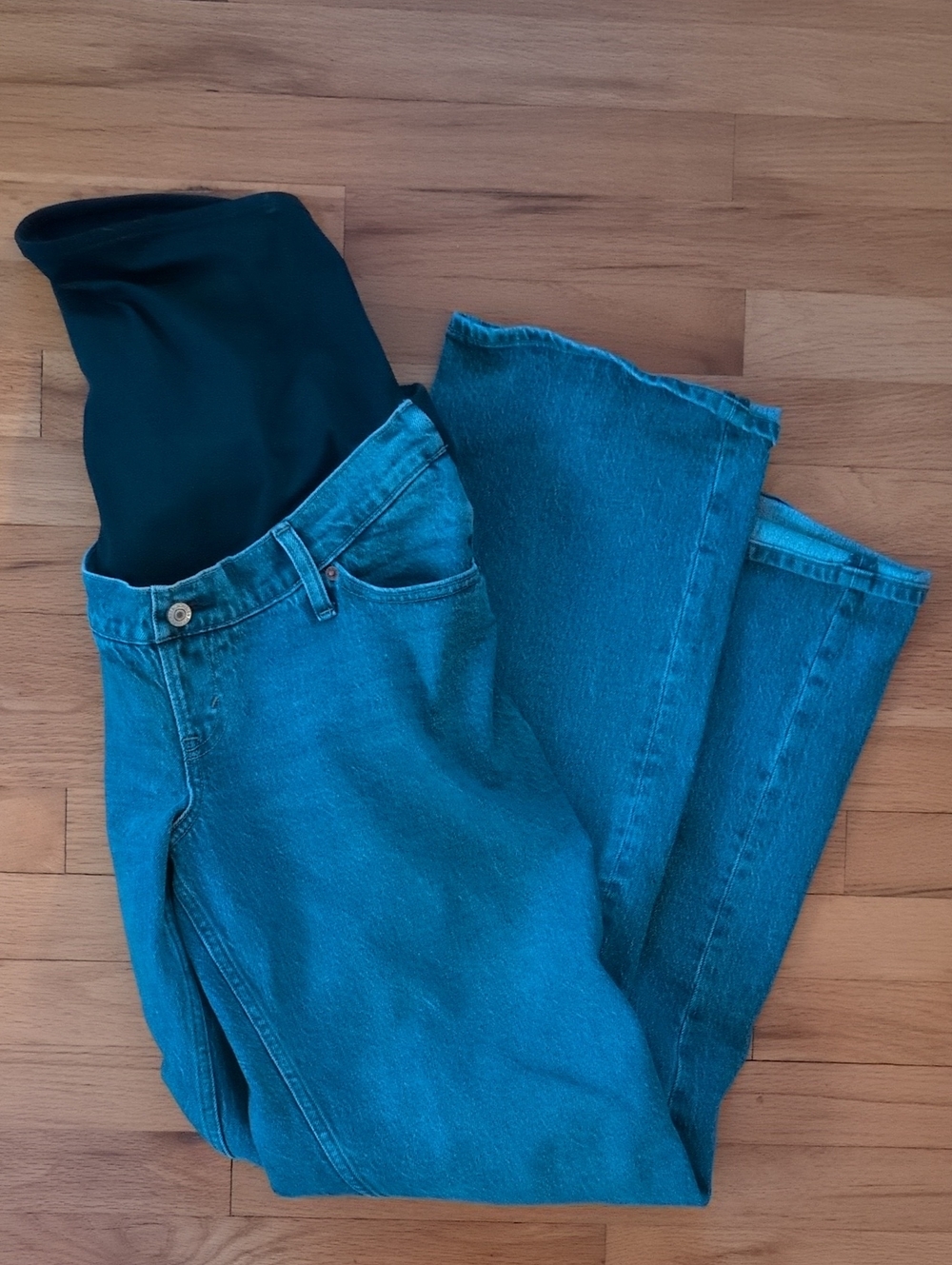 Abercrombie & Fitch Teal-Blue High-Rise Maternity Jeans with Black Stretch Panel